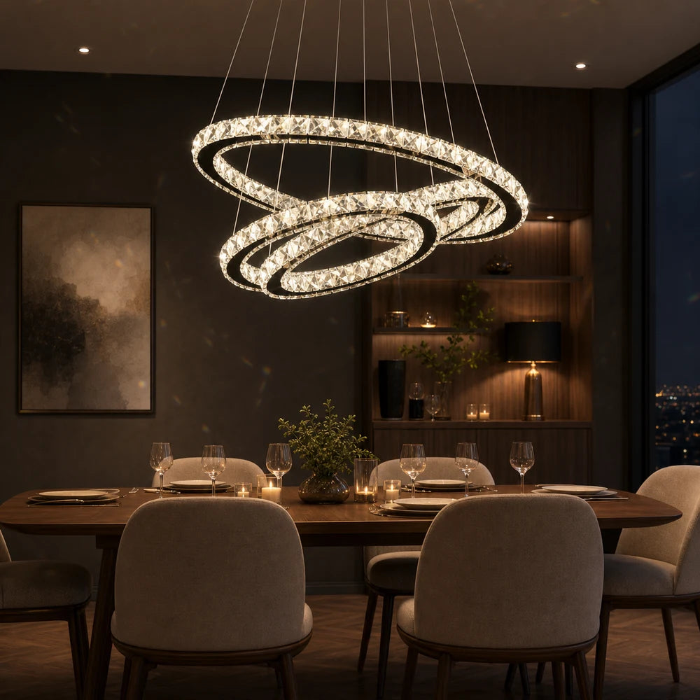 Lustre LED suspendu avec télécommande et cristal PRISM LUMINIS 79W, 3 Cercles, Lumière Froid/Chaud/Neutre, Dimmable, Chrome, Hauteur Ajustable - 09_LT029.png