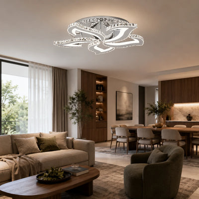 Lustre LED avec télécommande et cristal Alejandro RGB 88W, 5 Fleurs, Lumière Froide/Chaude/Neutre, Dimable, Chrome Brillant