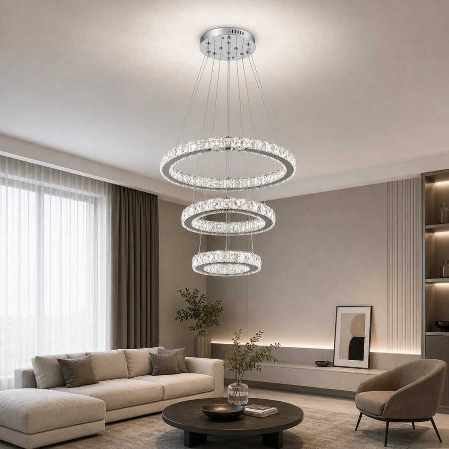 Lustre LED suspendu avec télécommande et cristal PRISM LUMORA 63W, 3 Cercles, Lumière Froid/Chaud/Neutre, Dimmable, Chrome Brillant, Hauteur Ajustable - 10_LLC131-3CH.png