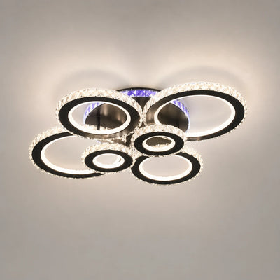 Lustre LED avec télécommande et cristal NOVA ROTONDA RGB 145W, 6 Cercles, Lumière Froide/Chaude/Neutre, Dimmable, Noir