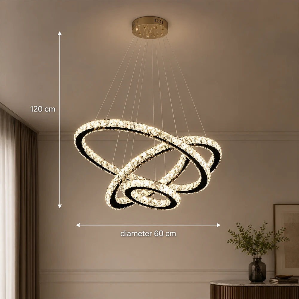 Lustre LED suspendu avec télécommande et cristal PRISM LUMINIS 79W, 3 Cercles, Lumière Froid/Chaud/Neutre, Dimmable, Chrome, Hauteur Ajustable - 11_LT029.png