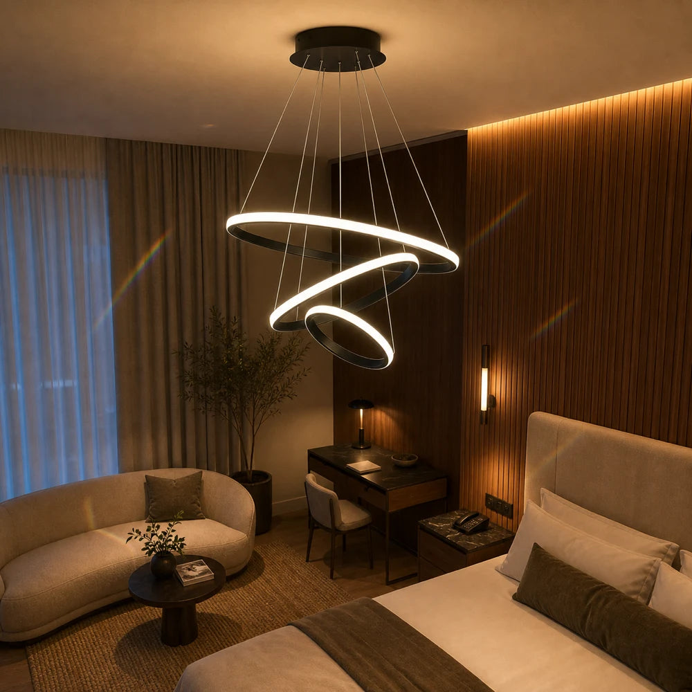 Lustre suspendu LED RICCI 81W, 3 Cercles, Lumière Froid/Chaud/Neutre, Noir, Hauteur réglable - 14_LL104-3BK.png