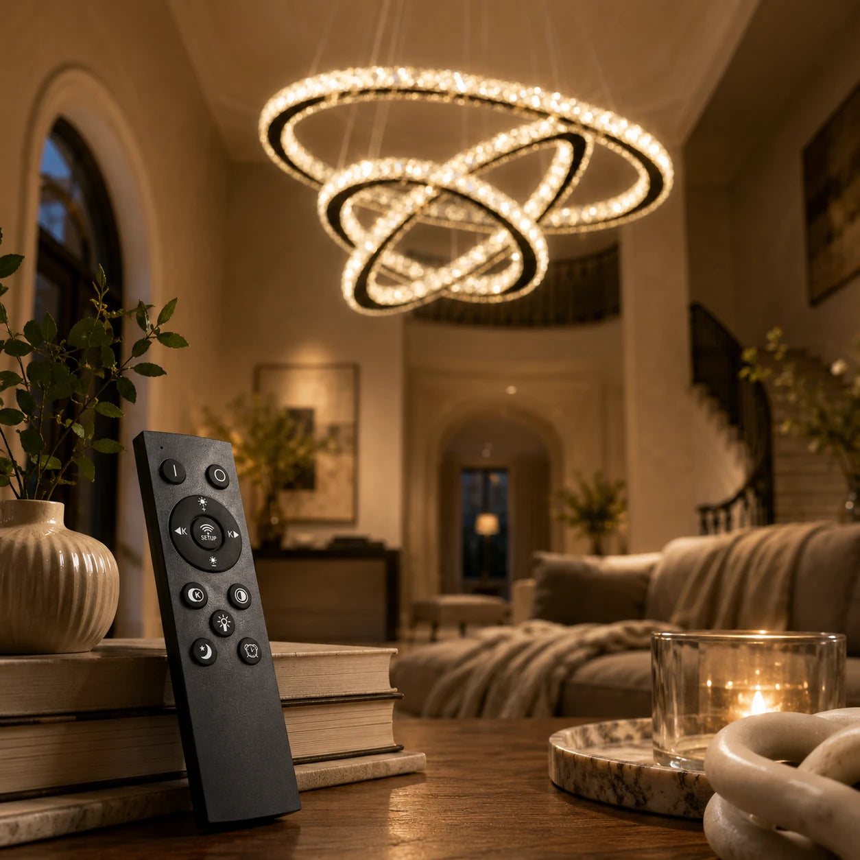 Lustre LED suspendu avec télécommande et cristal PRISM LUMINIS 79W, 3 Cercles, Lumière Froid/Chaud/Neutre, Dimmable, Chrome, Hauteur Ajustable - 14_LT029.png
