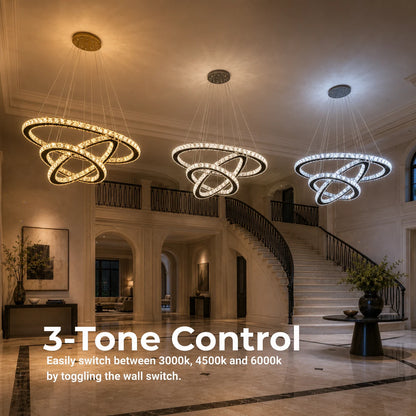 Lustre LED suspendu avec télécommande et cristal PRISM LUMINIS 79W, 3 Cercles, Lumière Froid/Chaud/Neutre, Dimmable, Chrome, Hauteur Ajustable - 15_LT029.png