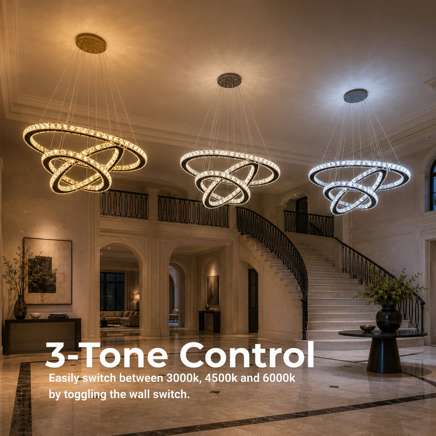 Lustre LED suspendu avec télécommande et cristal PRISM LUMINIS 79W, 3 Cercles, Lumière Froid/Chaud/Neutre, Dimmable, Chrome, Hauteur Ajustable - 15_LT029.png