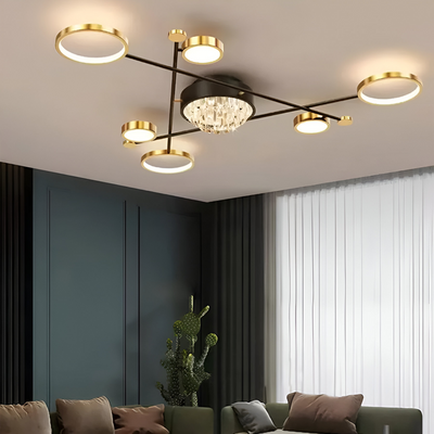 Lustre LED avec télécommande et cristal GUIDA 38W, 6 Éléments, Lumière Froide/Chaude/Neutre, Dimmable, Noir Or
