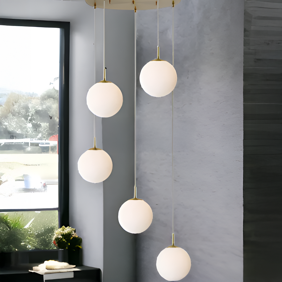 Lustre Suspendu, 5 Globes XE27, Doré, Hauteur Ajustable
