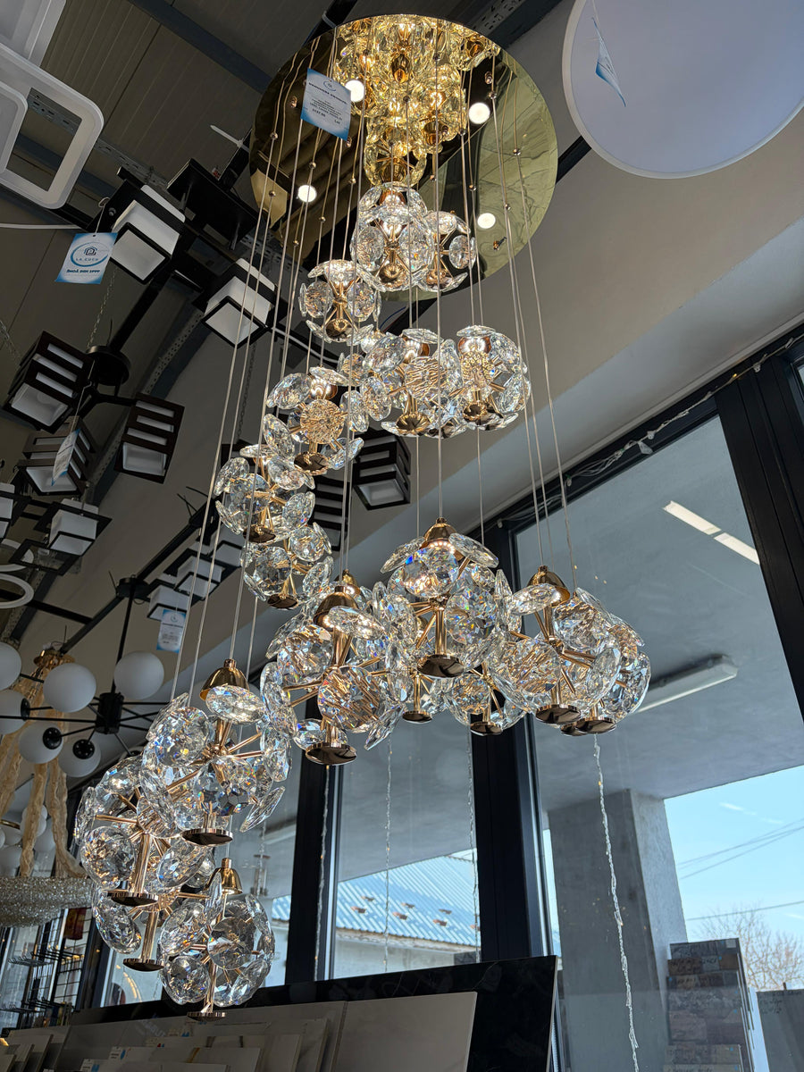 Lustre Crystal LED KILKENNY Culmino, 144 W, lumière neutre, diamètre 60 cm, doré