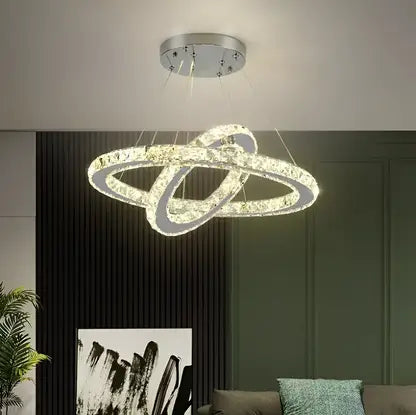 Lustre LED avec télécommande et cristal PRISM LUMINIS 55W, 2 Cercles, Lumière Froide/Chaude/Neutre, Dimmable, Argent, Hauteur Réglable