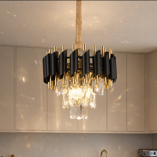 Lustre en cristal VERSAILLES Petito 3xE14, diamètre 30 cm, doré brillant et noir, lustre en cristal à hauteur réglable Default Title Alessandro Design
