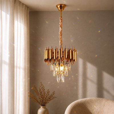 Lustre Cristal VERSAILLES Petito 3xE14, diamètre 30cm, doré, hauteur réglable, métal et cristal