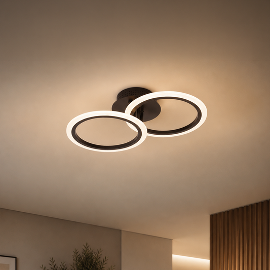 Lustre LED avec télécommande BETTY 27W, 2 Cercles, Lumière Froide/Chaude/Neutre, Dimmable, Noir