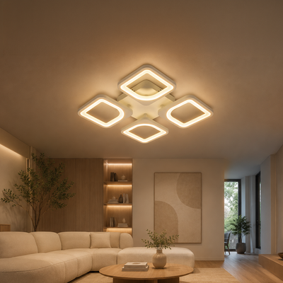 Lustre LED avec télécommande ZOE 53W, 4 Carrés, Lumière Froid/Chaud/Neutre, Dimmable, Blanc