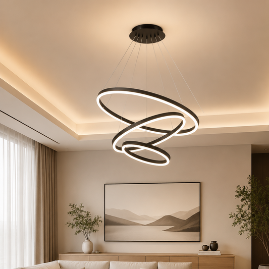 Lustre LED suspendu avec télécommande CASIANA 85W, 3 Cercles, Lumière Froide/Chaude/Neutre, Dimmable, Noir, Hauteur Réglable