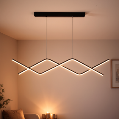 Lustre LED suspendu avec télécommande ZIGZAG 27W, Lumière Froide/Chaude/Neutre, Dimmable, Noir, Hauteur Réglable