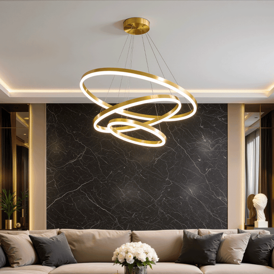Lustre LED suspendu avec télécommande ELIZABETH, 85W, 3 Cercles, Lumière Froide/Chaude/Neutre, Dimmable, Or Brillant, Lustres LED réglables en hauteur avec télécommande Titre par défaut Alessandro Design