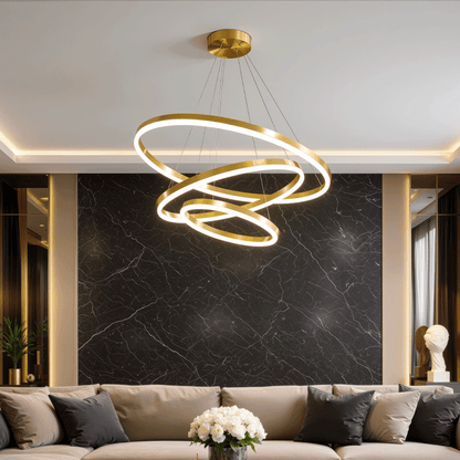 Lustre LED suspendu avec télécommande ELIZABETH, 85W, 3 Cercles, Lumière Froid/Chaud/Neutre, Dimmable, Or Brillant, Hauteur Réglable