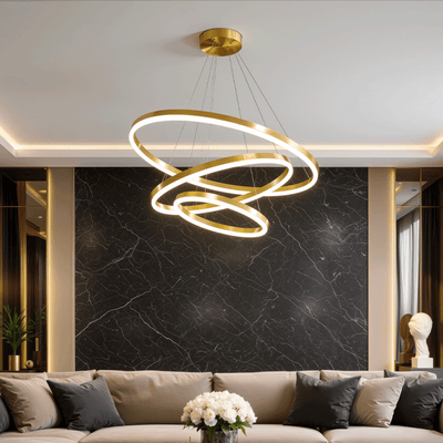 Lustre LED suspendu avec télécommande ELIZABETH, 85W, 3 Cercles, Lumière Froid/Chaud/Neutre, Dimmable, Or Brillant, Hauteur Réglable