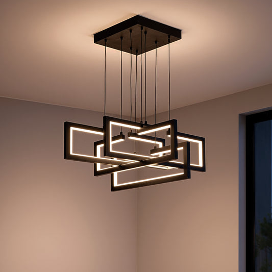 Lustre LED avec télécommande, Suspendu 96W, 4 Éléments, Lumière Froid/Chaud/Neutre, Dimmable, Hauteur réglable, Noir