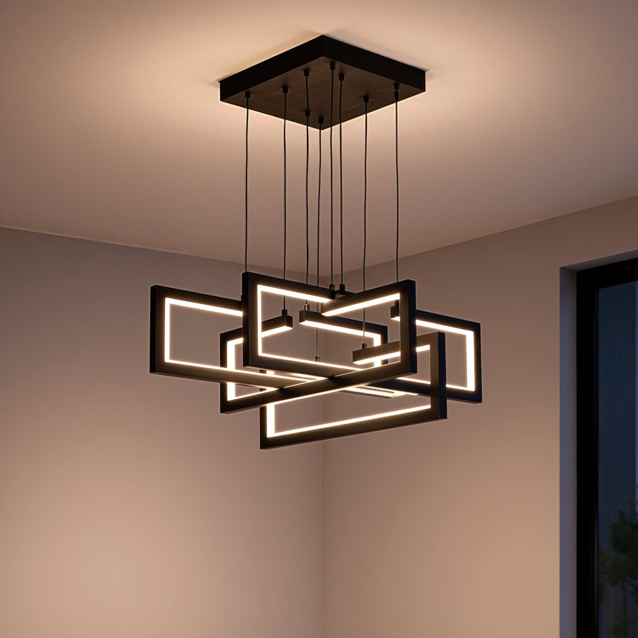 Lustre LED avec télécommande, Suspendu 96W, 4 Éléments, Lumière Froid/Chaud/Neutre, Dimmable, Hauteur réglable, Noir