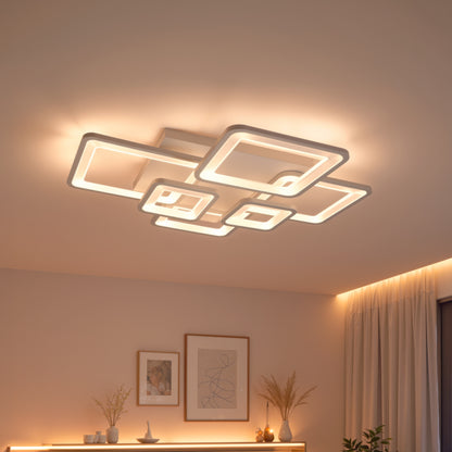 Lustre LED avec télécommande ELLA 119W, 6 carrés, Lumière Froide/Chaude/Neutre, Dimmable, Blanc