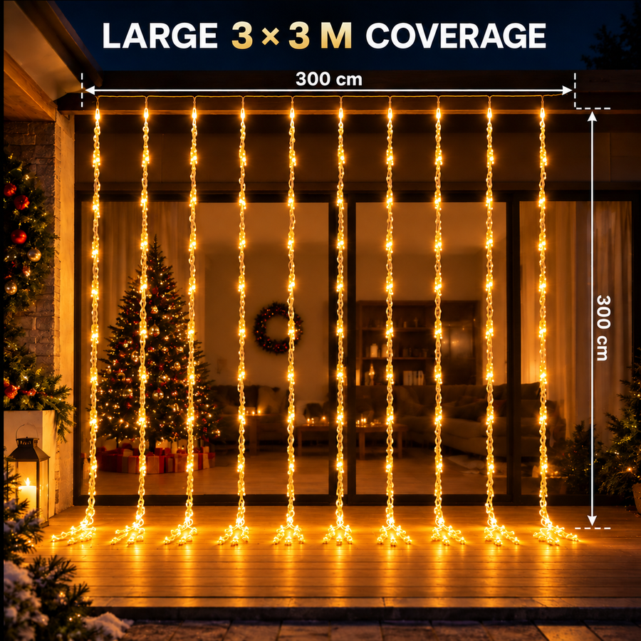 Installation de Noël de type pluie, lumière chaude, 300 x 300 cm, 320 LED