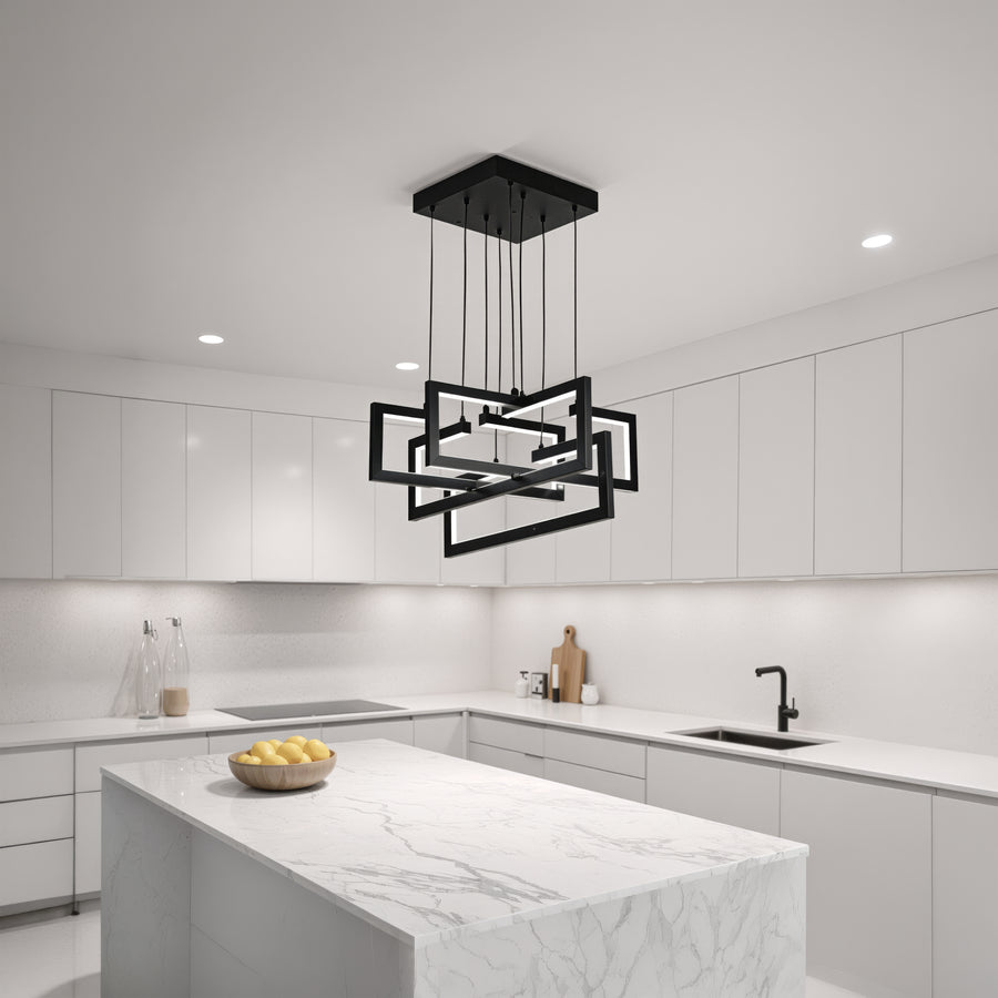 Lustre LED avec télécommande, Suspendu 96W, 4 Éléments, Lumière Froid/Chaud/Neutre, Dimmable, Hauteur réglable, Noir