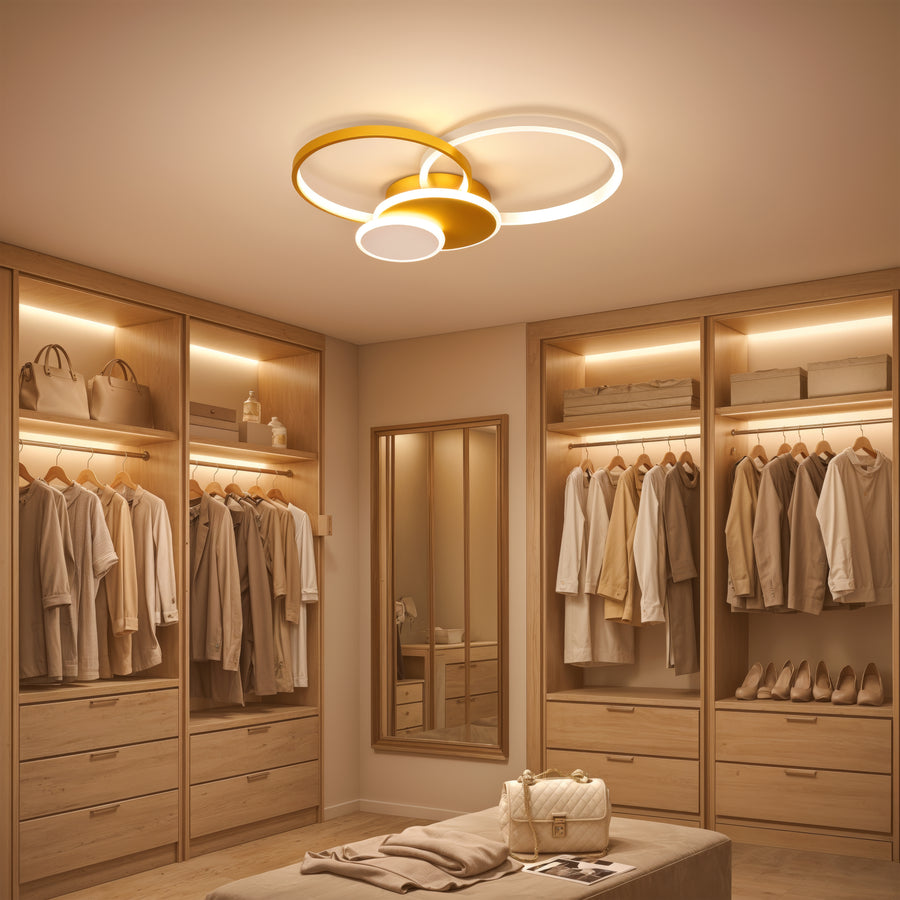 Lustre LED avec télécommande KILLIAN 80W, 4 Cercles, Lumière Froide/Chaude/Neutre, Dimmable, Doré