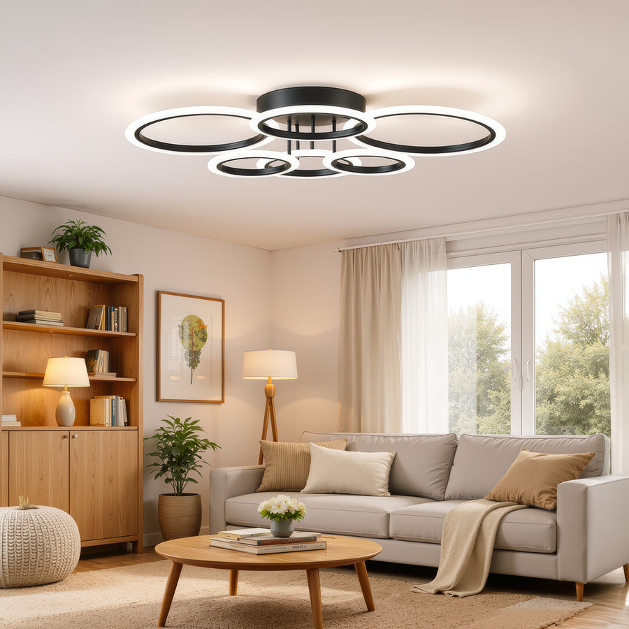 Lustre LED avec télécommande BETTY 82W, 6 Cercles, Lumière Froide/Chaude/Neutre, Dimmable, Noir