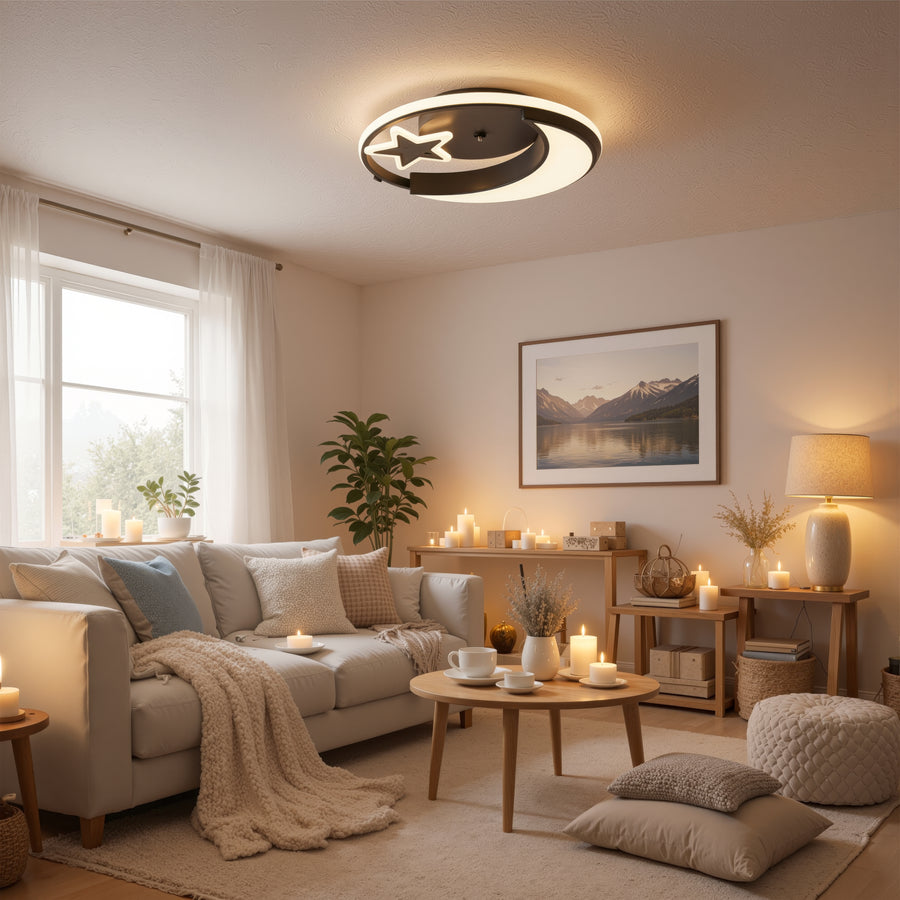 Lustre LED avec télécommande ALYONA 44W, Lune et Étoile, Lumière Froide/Chaude/Neutre, Dimmable, Noir