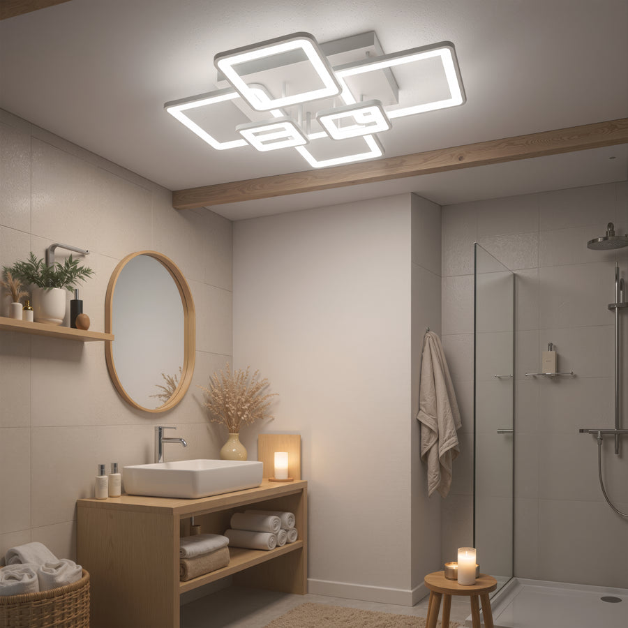 Lustre LED avec télécommande ELLA 119W, 6 carrés, Lumière Froide/Chaude/Neutre, Dimmable, Blanc