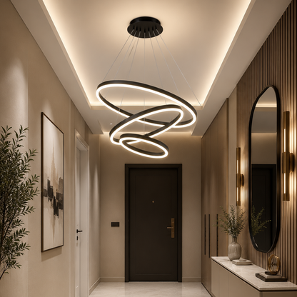 Lustre LED suspendu avec télécommande CASIANA 85W, 3 Cercles, Lumière Froide/Chaude/Neutre, Dimmable, Noir, Hauteur Réglable