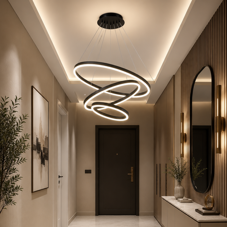 Lustre LED suspendu avec télécommande CASIANA 85W, 3 Cercles, Lumière Froide/Chaude/Neutre, Dimmable, Noir, Hauteur Réglable