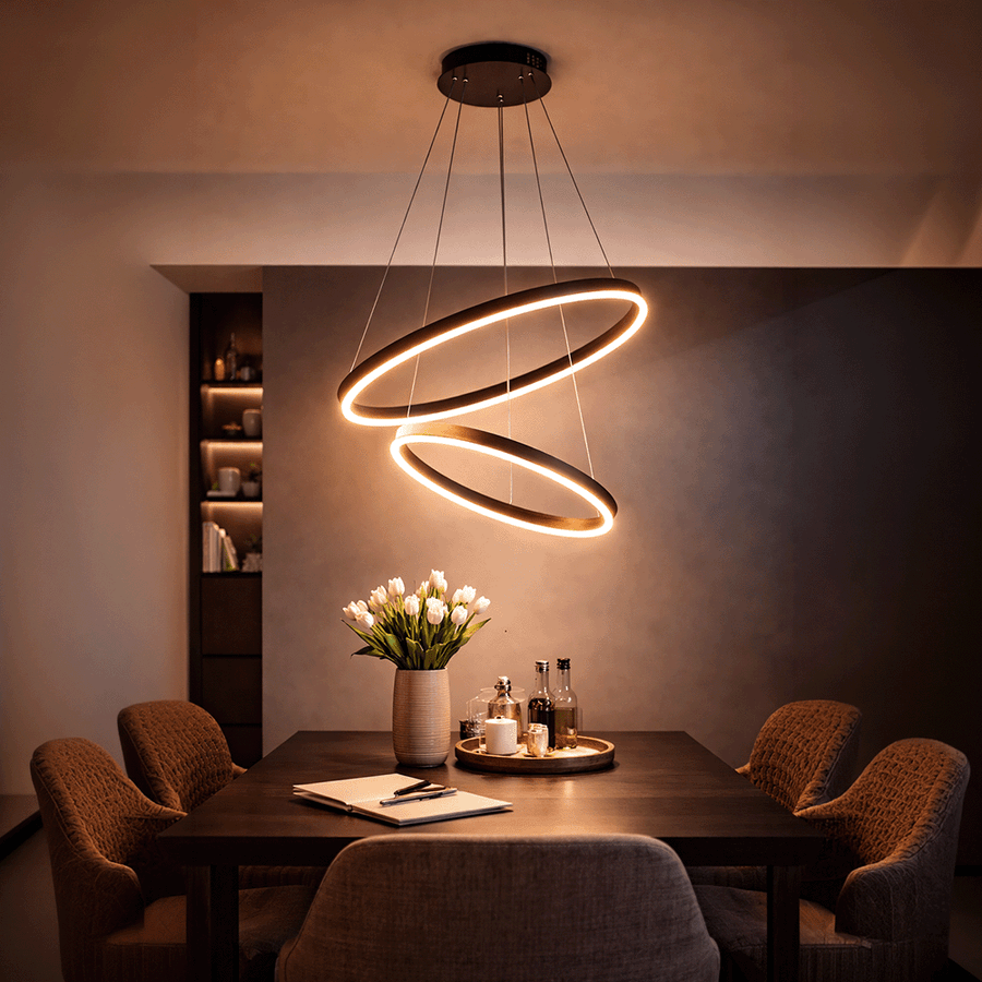 Lustre LED Suspendu avec Télécommande CASIANA 40W, 2 Cercles, Lumière Froid/Chaude/Neutre 3000K/4000K/6000K, Intensité Variable, Noir, Hauteur Réglable, Métal et Acrylique