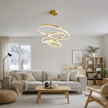 Lustre LED suspendu avec télécommande ELIZABETH, 85W, 3 Cercles, Lumière Froid/Chaud/Neutre, Dimmable, Or Brillant, Hauteur Réglable