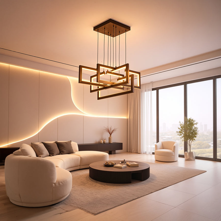 Lustre LED avec télécommande, Suspendu 96W, 4 Éléments, Lumière Froid/Chaud/Neutre, Dimmable, Hauteur réglable, Noir