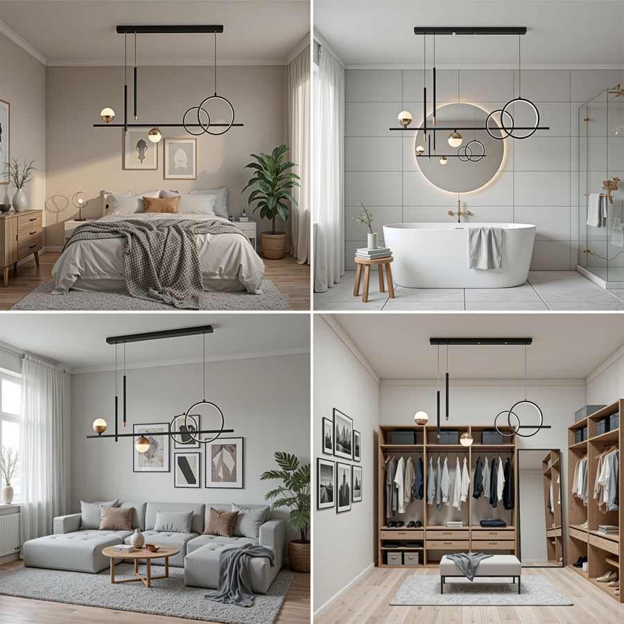 Lustre LED suspendu avec télécommande DAMARA 44W, Lumière Froide/Chaude/Neutre, Dimmable, Noir, Hauteur Réglable