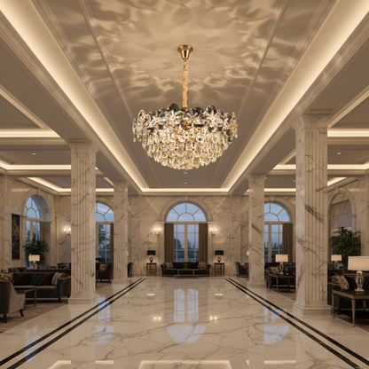Candelabru Cristal JARDIN Magno 14xE14, Diametru 60cm, Inaltime 35cm, Auriu Lucios, Inaltime Reglabila, Design Elegant