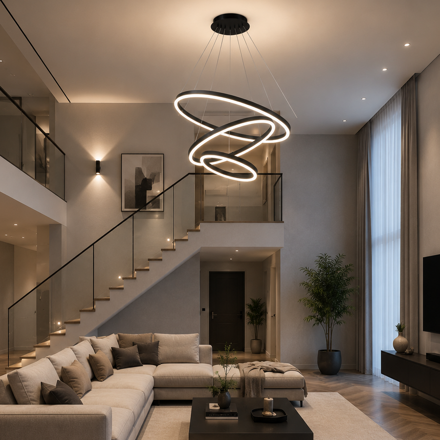 Lustre LED suspendu avec télécommande CASIANA 85W, 3 Cercles, Lumière Froide/Chaude/Neutre, Dimmable, Noir, Hauteur Réglable
