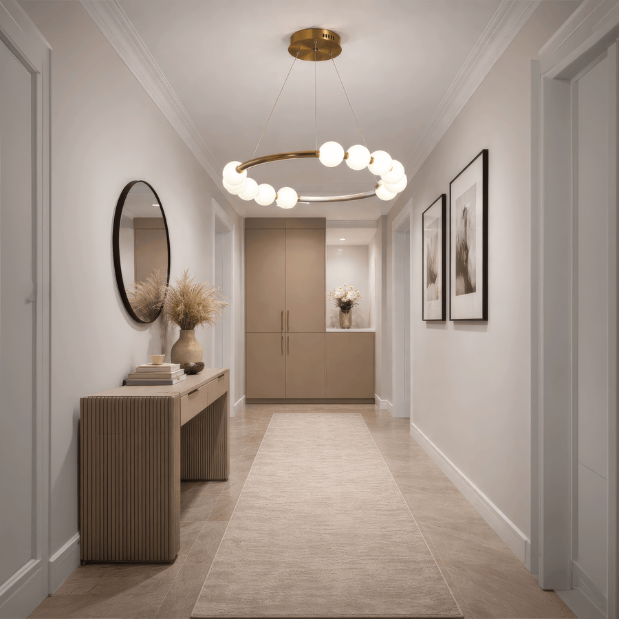 Lustre suspendu LED en acrylique Nova 57W avec télécommande, variable, 3000K/4000K/6000K, doré, métal et acrylique