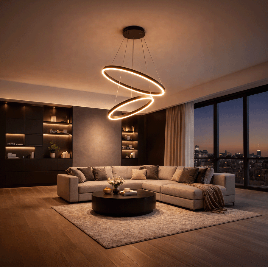 Lustre LED Suspendu avec Télécommande CASIANA 40W, 2 Cercles, Lumière Froid/Chaude/Neutre 3000K/4000K/6000K, Intensité Variable, Noir, Hauteur Réglable, Métal et Acrylique