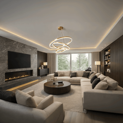 Lustre LED suspendu avec télécommande ELIZABETH, 85W, 3 Cercles, Lumière Froid/Chaud/Neutre, Dimmable, Or Brillant, Hauteur Réglable