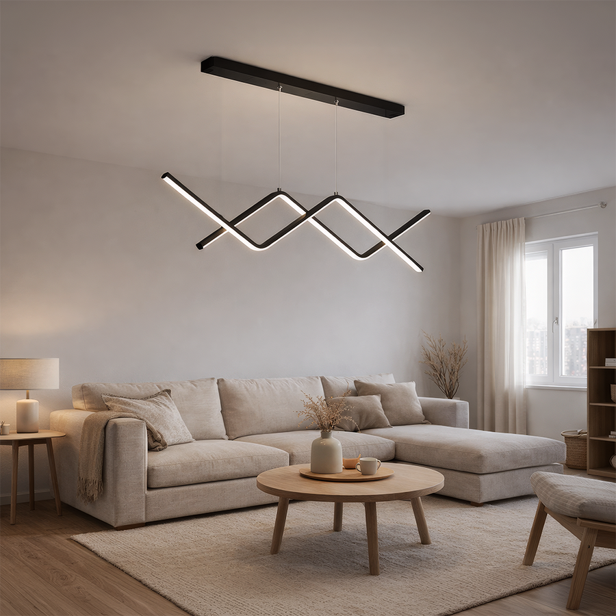 Lustre LED suspendu avec télécommande ZIGZAG 27W, Lumière Froide/Chaude/Neutre, Dimmable, Noir, Hauteur Réglable