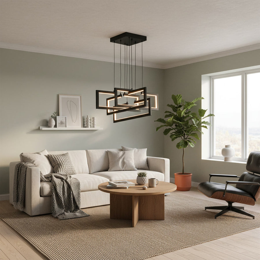 Lustre LED avec télécommande, Suspendu 96W, 4 Éléments, Lumière Froid/Chaud/Neutre, Dimmable, Hauteur réglable, Noir