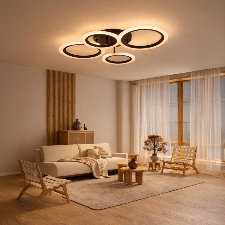 Lustre LED avec télécommande BETTY 44W, 4 Cercles, Lumière Froide/Chaude/Neutre, Dimmable, Noir