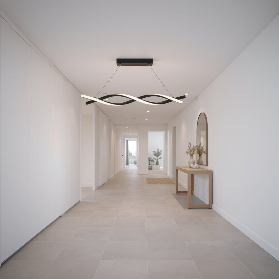 Lustre LED Suspendu avec Télécommande, FLUX, 27W, 116cm, Lumière Froide/Chaude/Neutre 3000K/4000K/6000K, Intensité Variable, Noir, Hauteur Réglable, Métal et Silicone