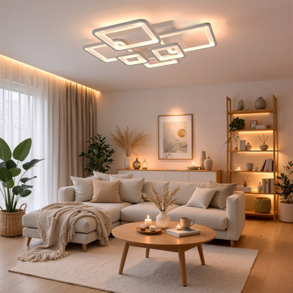 Lustre LED avec télécommande ELLA 119W, 6 carrés, Lumière Froide/Chaude/Neutre, Dimmable, Blanc