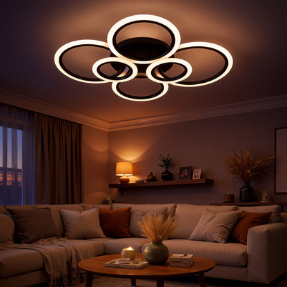 Lustre LED avec télécommande BETTY 82W, 6 Cercles, Lumière Froide/Chaude/Neutre, Dimmable, Noir