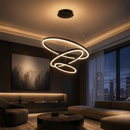 Lustre LED suspendu avec télécommande CASIANA 85W, 3 Cercles, Lumière Froide/Chaude/Neutre, Dimmable, Noir, Hauteur Réglable