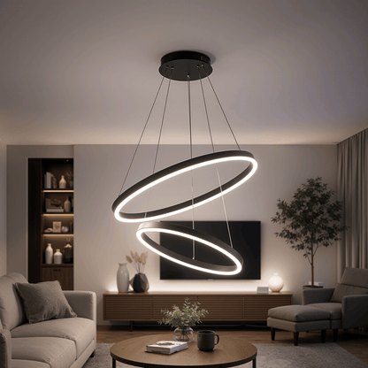 Lustre LED Suspendu avec Télécommande CASIANA 40W, 2 Cercles, Lumière Froid/Chaude/Neutre 3000K/4000K/6000K, Intensité Variable, Noir, Hauteur Réglable, Métal et Acrylique